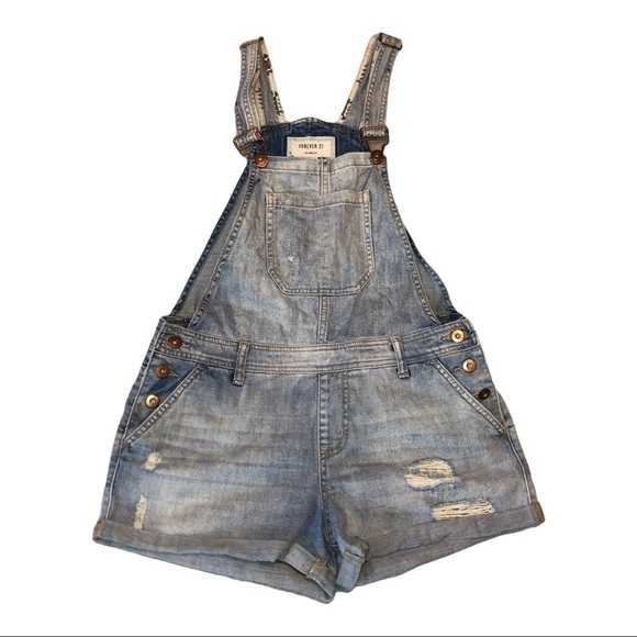 FOREVER 21 Distressed Denim W/ Pockets Embroidered Overall Jean Shorts - Picture 1 of 10